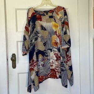 Citron 100% silk vintage koi and ocean print tunic, 2X